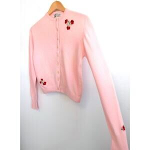 I. MAGNIN & CO PREMIER Vintage 1950s Rose Embroidered Wool Cardigan Sweater XS